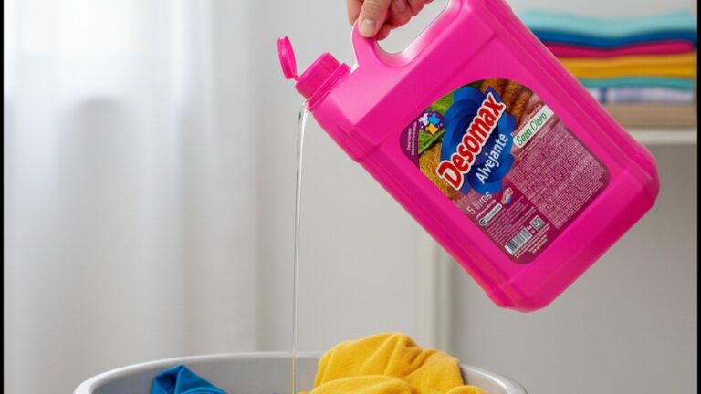 Galão de alvejante sem cloro Desomax de 5 litros sendo aplicado sobre roupas coloridas, ilustrando a escolha entre alvejante sem cloro ou água sanitária para lavar roupa colorida sem manchar