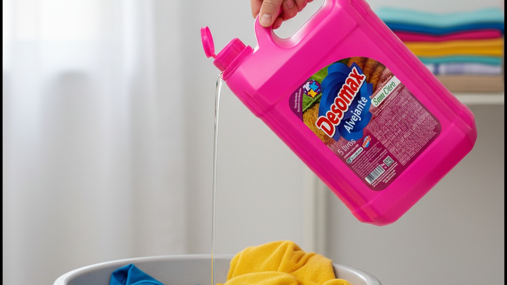 Galão de alvejante sem cloro Desomax de 5 litros sendo aplicado sobre roupas coloridas, ilustrando a escolha entre alvejante sem cloro ou água sanitária para lavar roupa colorida sem manchar