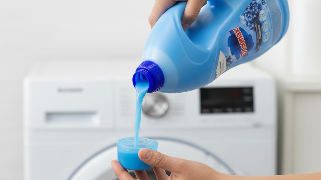 Mão despejando Amaciante Desomax Amaciex na tampa dosadora, mostrando como usar amaciante corretamente na dose certa antes de colocar no compartimento da máquina de lavar
