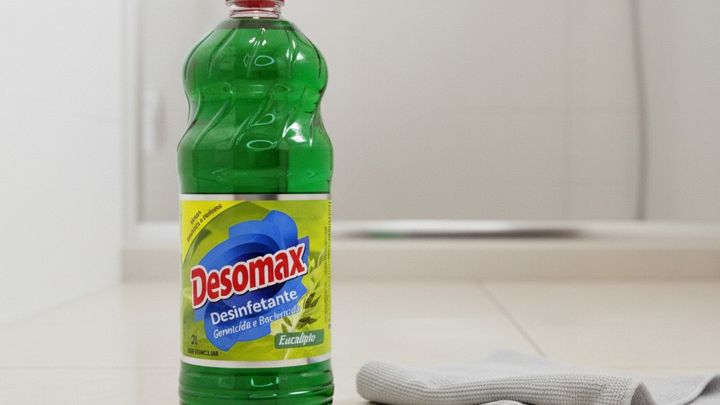 Frasco do Desinfetante Eucalipto Desomax de 2 litros sobre piso de banheiro recém-lavado, com pano de limpeza dobrado ao lado, ilustrando para que serve o desinfetante eucalipto na rotina de limpeza