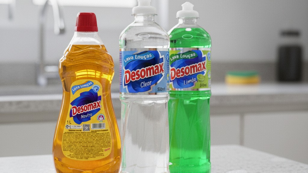 Três detergentes Desomax lado a lado numa bancada de cozinha molhada, ilustrando a diferença entre detergente neutro ou perfumado para cada limpeza da casa