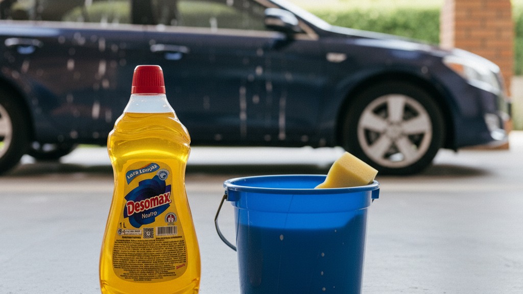 Frasco do Detergente Neutro Desomax de 1 litro ao lado de um balde com água ensaboada e uma esponja macia, pronto para lavar o carro em casa