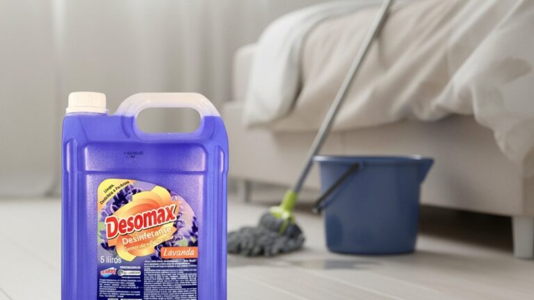 Garrafa do Desinfetante Lavanda Desomax ao lado de balde e pano de chão em um quarto aconchegante, ilustrando para que serve o desinfetante lavanda na limpeza doméstica
