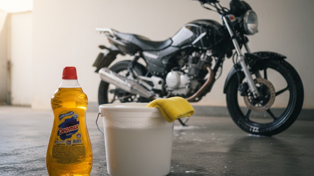 Frasco do Detergente Neutro Desomax de 1 litro ao lado de um balde com água ensaboada e esponja macia, pronto para lavar a moto em casa