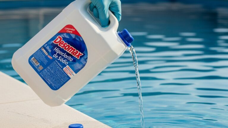 Aplicação de hipoclorito de sódio para piscina residencial, mão com luva de proteção despejando o produto Desomax na borda da piscina