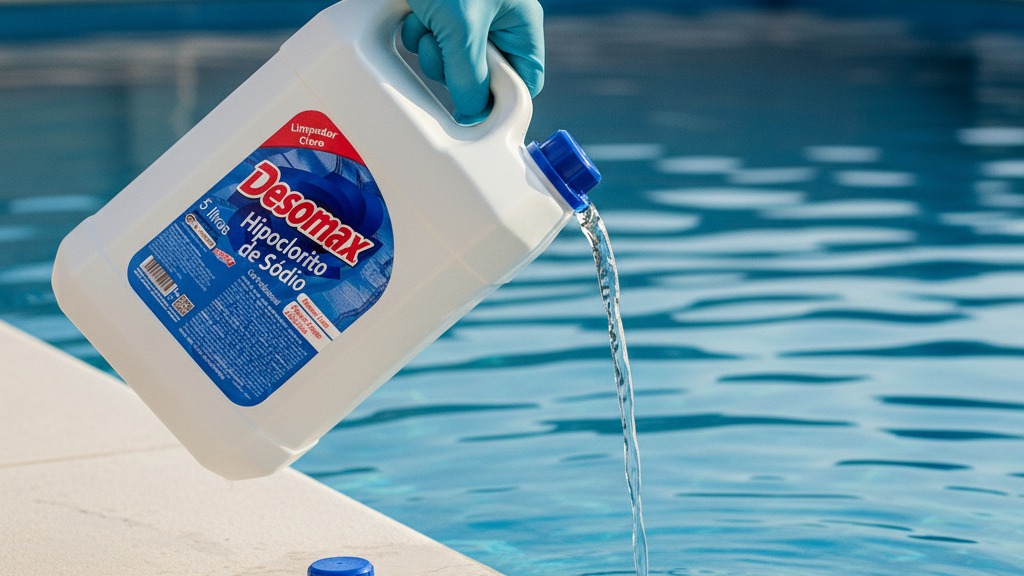 Aplicação de hipoclorito de sódio para piscina residencial, mão com luva de proteção despejando o produto Desomax na borda da piscina