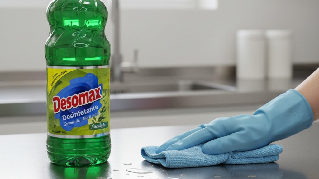 Mão com luva desinfetando a bancada de inox da cozinha ao lado do Desinfetante Eucalipto Desomax 2L, ilustrando como desinfetar pia e bancada da cozinha