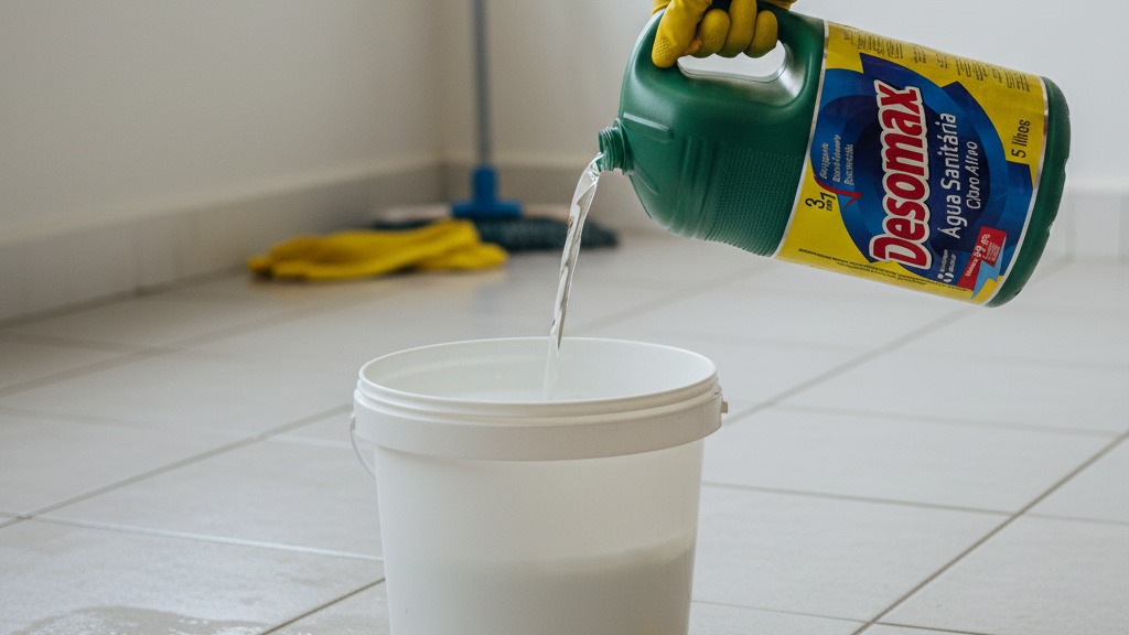 Desinfecção da casa depois de enchente: mão despeja Água Sanitária Desomax de 5 litros em balde para limpar o piso com segurança