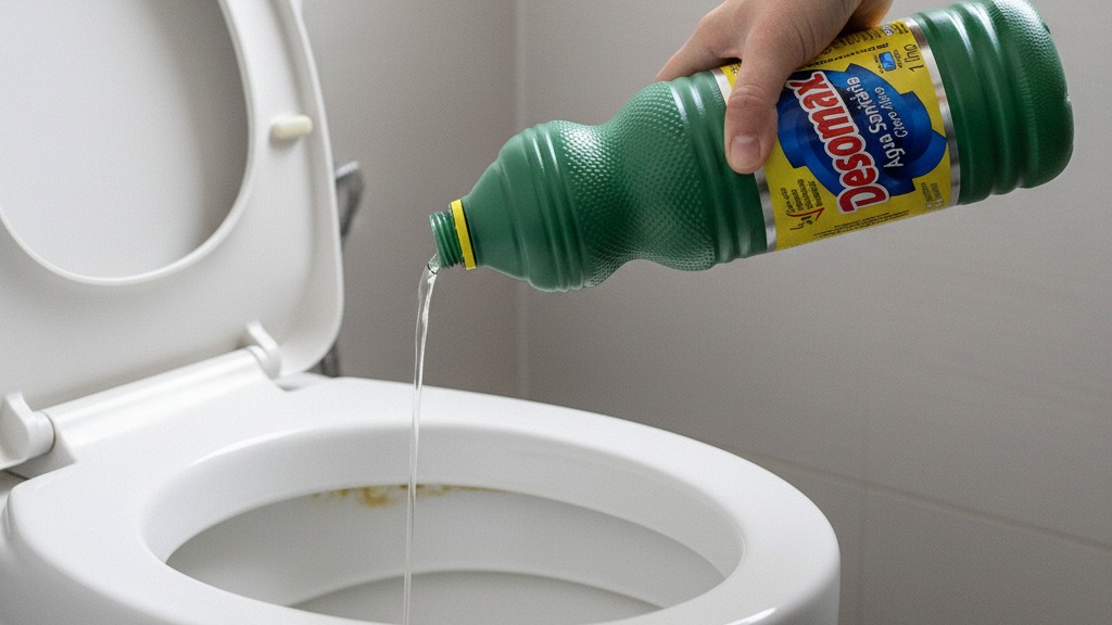 Mão aplicando Água Sanitária Desomax direto na linha d'água de um vaso sanitário amarelado para limpar a mancha