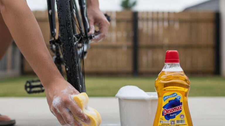 Mão lavando o quadro de uma bicicleta com esponja e espuma, ao lado de um balde e da garrafa de Detergente Neutro Desomax de 1 litro, ilustrando como lavar bicicleta com detergente neutro sem usar jato de mangueira